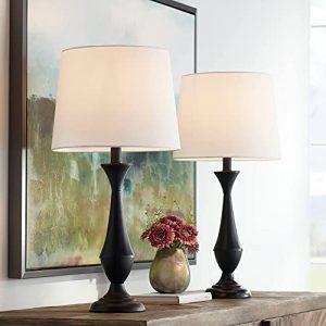 Joyce Modern Contemporary Style Accent Table Lamps 24″ High Set of 2 Black Metal White Linen Tapered Drum Shade Decor for Living Room Bedroom House Bedside Nightstand Home – 360 Lighting