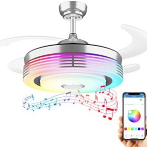 Modern Retractable Ceiling Fans with Lights and Bluetooth Speaker Color Change Smart Ceiling Fan 6 Speed Invisible Chandelier Ceiling Fans light with Remote for Bedroom Living Room 42 Inch (Chrome)