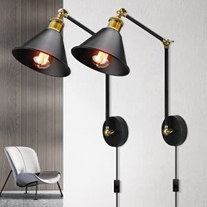 Plug in Wall Sconces, 2pack Swing Arm Wall Lamp with Plug in Cord, Industrial Wall Sconces with 6ft Plug in Cord and On/Off Switch, Farmhouse Wall Light for Bedroom Bathroom Hallways