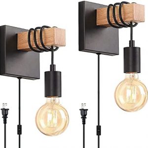 Plug in Wall Sconces Set of Two, Black Wall Lamp with Plug in Cord 2 Pack Oak Wood Arm Farmhouse Wall Mounted Light Fixtures Set for Bedroom Living Room…