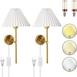 AoKinRound Plug in Dimmable Wall Sconces Set of Two, White Fabric Shade Wall Lamp with 6ft Hardwire in Cord, Indoor Wall Light for Bedroom Living Room Hallway Fixture, Antique Brass Lights.