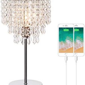 Touch Control Crystal Table Lamp with Dual USB Charging Ports, 3-Way Dimmable Bedside Touch Lamp Decorative Nightstand Lamp with Elegant Lamp Shade for Living Room Bedroom, B11 6W LED Bulb Included
