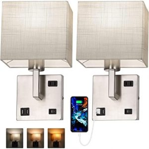 Wall Sconce Lighting,Bedside Wall Mount Light with USB Port,AC Outlet and 3 Color Temperature 2700K/4000K/5000K, Fabric Linen Shade,Wall Lamps for Bedroom Living Room Hotel ,Hardwire,Nickel 2PK