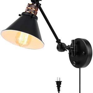 Plug in Wall Sconces, PARTPHONER Swing Arm Wall Lamp with Dimmable On Off Switch, Metal Black Vintage Industrial Wall Mounted Lighting Reading Light Fixture for Bedside Bedroom Indoor Doorway