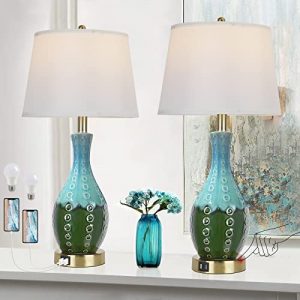 Blue Ceramic Table Lamp for Living Room Set of 2, Mid Century Modern Teal Green Vase-Shaped Lamps for Bedroom Decor, Touch Control Bedside Lamp for Nightstand with Dual USB Ports
