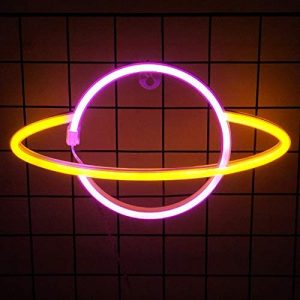 NiniTe LIGHTS Planet Neon Light, Cute Neon Planet Sign, Battery or USB Powered Night Light as Wall Decor for Kids Room, Bedroom, Festival, Party (Pink and Yellow)
