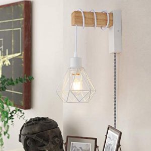 Vintage White Cage Wood Wall Lamp with Plug in Cord, Contemporary E26 Wood Base Decoration Wall Sconce Lighting Fixture – Interior Bedside Mounted Lights Decoration for Bedroom Living Room (No Bulb)
