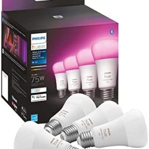 Philips Hue 4-Pack White and Color A19 Medium Lumen Smart Bulb, 1100 Lumens, Bluetooth & Zigbee Compatible (Hue Hub Optional), Compatible with Alexa & Google Assistant