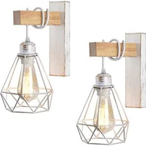 Farmhouse Wall Sconces Set of Two Wall Light Fixtures Indoor Wall Lights White Wall Sconce Lighting Metal Cage Industrial Wall Sconces Lights Wood Vintage Rustic Wall Lamps