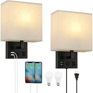 Bedside Wall Lamp Set of 2, Modern Wall Sconces with Plug in Cord Nightstand Wall Lamps with Dual USB and AC Outlet Black Wall Lamps for Bedroom Living Room (2 Bulbs Included)