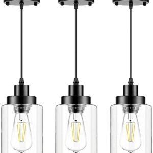 Industrial Pendant Lighting, Adjustable Hanging Light Fixtures, Modern Clear Glass Shade Pendant Lights, Farmhouse Pendant Lighting for Kitchen Island Living Room Bedroom Hallway, 3-Pack