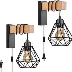 Plug in Wall Sconces Set of Two,Farmhouse Wall Mounted Lights with Plug in Cord,Black Wall Lamp for Bedroom Bedside Living Room,with Wood Arm and 70.8inch On/Off Switch Cord ,2 Pack