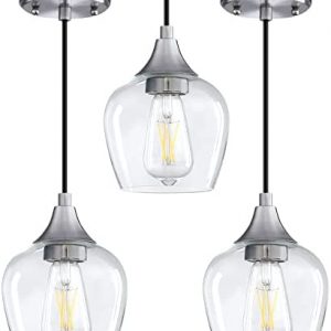 Leading Lighting Adjustable 3 Pack 1 Light Indoor Mini Hanging Pendant Light Brushed Nickel Finish with Handblown Seeded Glass Chandelier Shade for Bar, Dining Room Kitchen Island
