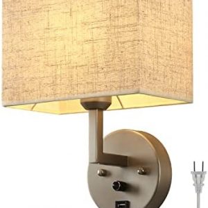 Plug in Wall Sconce with Dimmer Switch and USB Port,1-Light 9.5“Rectangular Linen Fabric Shade,Bedside Wall Lamp Satin Nickel Finish,Wall Lamps Perfect for Bedroom, Living Room and Hotel