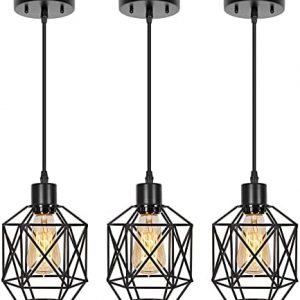 Industrial Pendant Lighting 3 Pack, Adjustable Hanging Light Fixtures with Geometric Metal Shade and Black Finish, Farmhouse Pendant Light with E26 Base for Kitchen Island, Living Room, Bar, Hallway