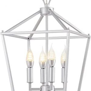 Yumpaug Sliver Lantern Chandelier, Industrial 4-Light Pendant Lighting Fixture, Adjustable Geometric Light Fixtures for Living Room, Dining Room, Bedroom, Kitchen, Entryway, and Hallway