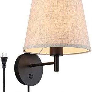 Modern Plug in LED Bedside Wall Lamp with Adjustable Swing Arm – Flaxen Lampshade Wall Sconce Lighting Fixture with Switch – Indoor Reading Wall Mount Light for Living Room Kids Bedroom Bar