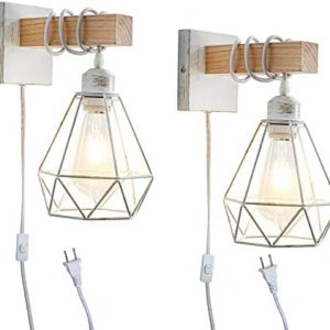 Plug in Wall Sconces 2 Pack White Farmhouse Wall Sconces Lighting Indoor Wall Lamp Plug in Wall Light Fixtures Wood Metal Cage Rustic Wall Sconces Lights Interior