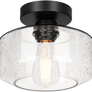 Industrial Semi Flush Mount Ceiling Light, 800 Lumen LED Bulb Included, Seeded Glass Shade Ceiling Light Fixture, Farmhouse Light Fixture for Hallway Corridor Kitchen Bathroom Bedroom Passway