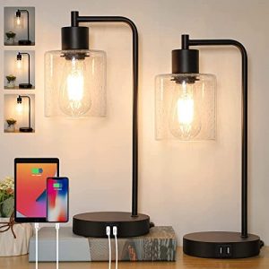 Industrial Table Lamps Set of 2 Vintage Nightstand Lamp with 2 USB Ports&AC Outlet, Desk Lamps for Reading Living Room, Bulbs Included