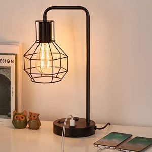 HAITRAL USB Modern Table Lamp with Outlet, Industrial Farmhouse Bedside Desk Lamp for Bedroom, Office, Living Room, Black (Without Bulb)