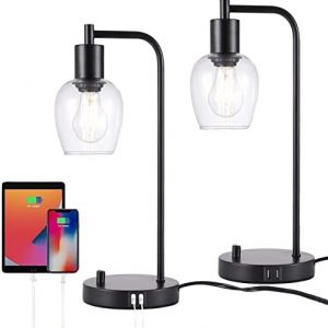 Set of 2 Industrial Table Lamp,Vintage Black Desk Lamp with 2 USB Ports,3-Way Dimmable Bedside Nightstand Reading Lamp with Glass Shade for Bedroom Living Room Office Study