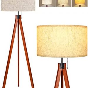 Isloys Tripod Floor Lamp, Wood Floor Lamp with 3 Color Temperature, Mid Century Standing Lamp with Real Wood, Flaxen Lamp Shade, Modern Tall Lamp for Living Room, Bedroom, Office (Bulb Included)