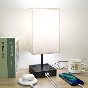 Touch Control Table Lamp,3-Way Dimmable Bedside Lamp 5000K Daylight with 2 USB Charging Port, Hansang Desk Lamp with 2 AC Outlet for Bedroom,Square Nightstand Lamp E26 LED Bulbs Include