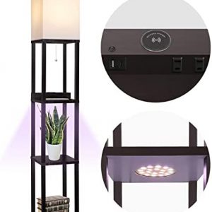 Floor Lamp with Shelves for Living Room, Shelf Floor Lamp with LED Grow Light, Wireless Charging Station, USB Port and AC Outlet, Modern Standing Light Column Lamp Tower Nightstand for Bedroom