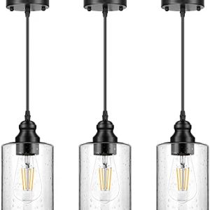 Industrial Pendant Lights, Adjustable Hanging Light Fixtures, Seeded Glass Shade Pendant Lighting, Vintage Farmhouse Mini Ceiling Pendant Light for Kitchen Living Room Bedroom Hallway E26 Base 3-Pack