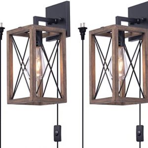 VILUXY Wood Wall Sconces Retro Industrial Rectangle Bedside Wall Sconce Plug-in Cord with Switch Lighting Fixture Black Wall Lamp for Bedroom, Hallway, Entryway, Passway, Dining Room 2 Pack