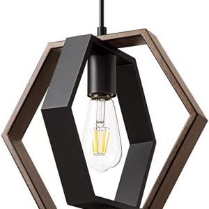 EDISHINE Farmhouse Pendant Light, Rustic Hanging Light Fixture with Wood Grain and Black Finish, Pendant Lighting for Kitchen Island, Dining Room, Bedroom, Hallway, Adjustable Cord, cULus Listed