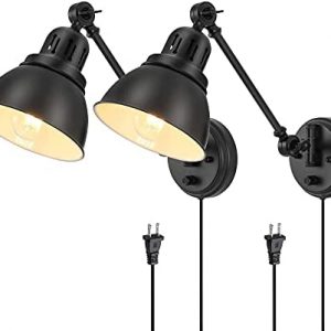 Plug in Wall Sconces Set of 2, ENCOMLI Wall Sconce Lighting with Dimmable On Off Switch, Swing Arm Wall Lamp, Black Metal Industrial Wall Light Fixtures, Safety E26 Base, 6FT Plug in Cord