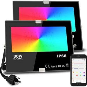 Led Flood Light 300W Equivalent 3000 LM, Outdoor Color Changing Led Stage Landscape Lights, Bluetooth RGBW Smart Floodlights 2700K & 16 Million Colors&Timing& Music Sync, IP66,US 3-Plug (2 Pack)