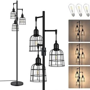 EDISHINE Dimmable Floor Lamp, 3 LED Edison Bulb Included, Industrial Tree Floor Lamp Sturdy Base, Tall Standing Lamp for Living Room, Bedroom, with 3 Elegant Teardrop Cage Head Minimalist Vintage