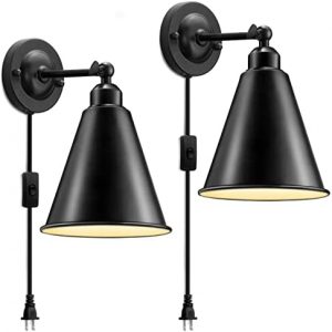 Plug in Wall Sconce, Metal Black Wall Sconce Plug in, Swing Arm Industrial Vintage Wall Lamp Fixture, Plug in Wall Light with On Off Switch E26 Base for Restaurants Headboard Bedroom Porch-2 Pack