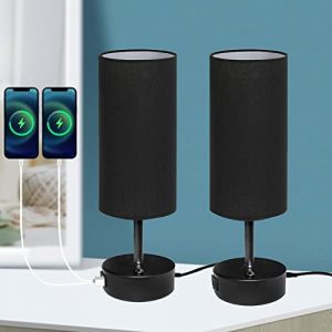 USB Bedside Table lamp, 3-Way Dimmable Nightstand Lamp Set of 2, Touch Lamp with 2 USB Charging Ports, Table Lamps for Bedroom Living Room, Black Shade, 2 Bulbs Included