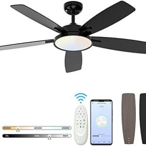 52 Inch Smart Ceiling Fan with Lights Remote Control, High-powered Quiet Fan with Dimmable Light, Work with Alexa/Google APP Wifi Control Reversible DC Motor Blades(Black/Walnut)