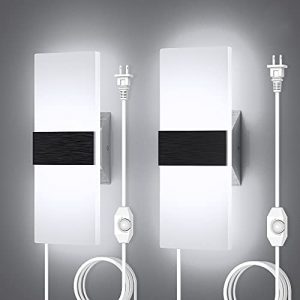 Shinbeam Plug in Wall Sconces Set of Two, Dimmable Wall Light with Dimmer On/Off Switch,12W 6000K Cold White Acrylic Wall Lamp for Bedroom Hallway Living Room(2 Packs)