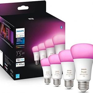 Philips Hue 4-Pack White and Color A19 Medium Lumen Smart Bulb, 1100 Lumens, Bluetooth & Zigbee Compatible (Hue Hub Optional), Compatible with Alexa & Google Assistant