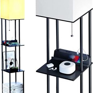 SUNMORY Floor Lamp with Shelves, Modern Iron Standing Lamp with 2 USB Ports and 1 Power Outlet, Floor Lamps with 2 Protruding Panel and 3-Way LED Bulb for Living Room,Bedroom. (Black)