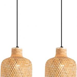 Modern Bamboo Woven Pendant Light Set of 2, 7.8″ Coastal Bamboo Natural Pendant Lighting Fixture for Kitchen Dining Room Living Room Foyer