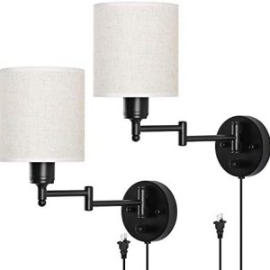 HAITRAL Swing Arm Wall Lamps 2 Pack – Plug in Wall Lamps with Linen Shade& Black Metal, Plug in& Hardwire Modern Wall Lamps for Bedside, Farmhouse, Kitchen, Bedroom(Bulb is Not Included)