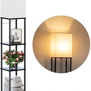 SUNMORY Floor Lamp with Shelves, Modern Square Standing Lamp with 3 Color Temperature Bulb, Corner Display Bookshelf Lamp for Living Room and Bedroom(Black)