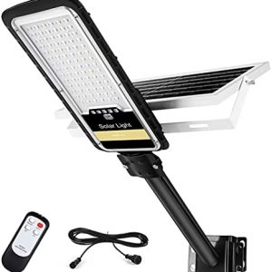 Solar Street Lights Outdoor Lamp, 80W IP67 Waterproof Dusk to Dawn Solar Powered Led Security Flood Lights Outdoor with Remote Control Extension Cord Mounting Bracket for Yard Parking Lot Garden Patio