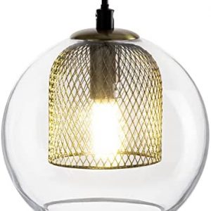 Navaris Mini Globe Pendant Light – Glass and Metal Lighting Fixture for Kitchen Island, Bar, Bedside 5.9″ Diameter x 53-3/4″ High – Antique Brass