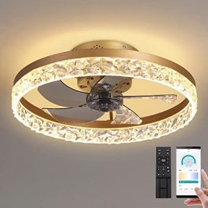 LENIVER 20″ Smart Ceiling Fan with Lights Remote APP Control, Flush Mount Bladeless Ceiling Fan, 3 Color 6 Speeds Low Profile Enclosed Modern Dimmable Ceiling Fans for Bedroom Living Room – Gold