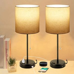 KBest Table Lamps Set of 2 with USB Port, Bedside Table Lamps for Bedroom Living Room Dorm Office, 3 Color Mode Pull Chain Nightstand Lamp with Linen Shape Desk Light, AC Outlet 2 Blubs Included.