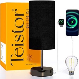 【????????】 Table Lamp Touch Bedside Lamp for Bedroom with USB C&A Charging Ports&Outlet 3-Way Dimmable Small Nightstand Lamp for Living Room,Home Office,Dorm(Light Bulb Included)-Black