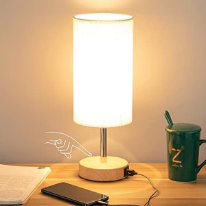 Bedside Lamp with USB Port – Touch Control Table Lamp for Bedroom Wood 3 Way Dimmable Nightstand Lamp with Round Flaxen Fabric Shade for Living Room, Dorm, Home Office (LED Bulb Included)